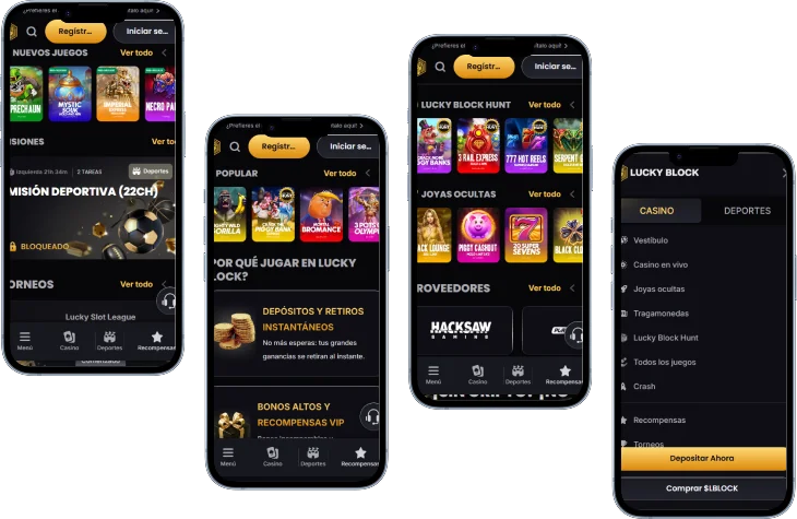 Lucky Block Casino aplicación móvil con pantallas del casino y apuestas deportivas