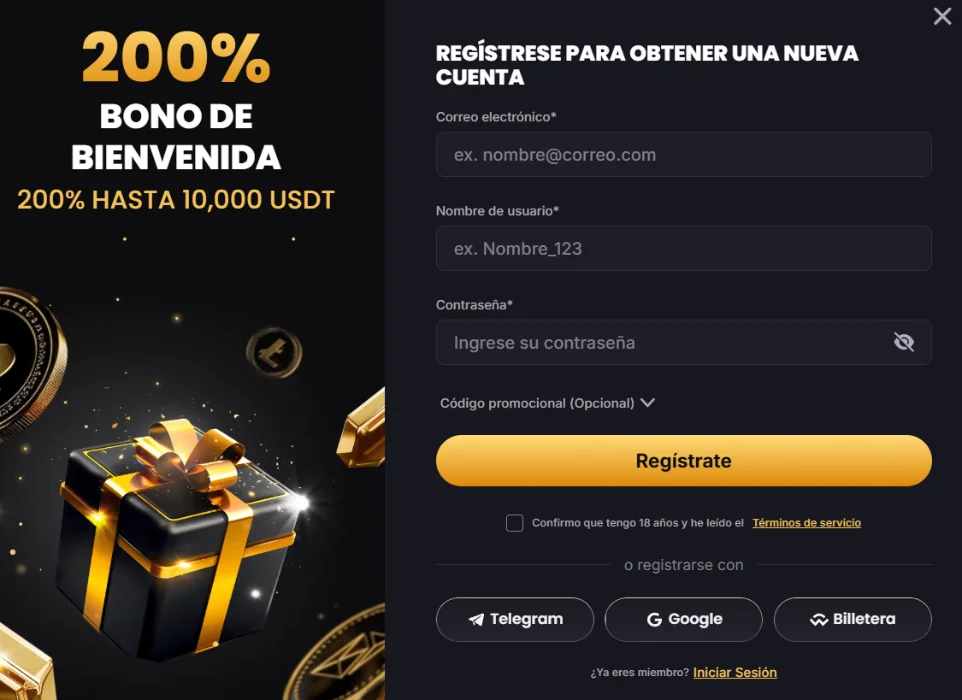 Lucky Block Casino formulario de registro con bono de bienvenida del 200%