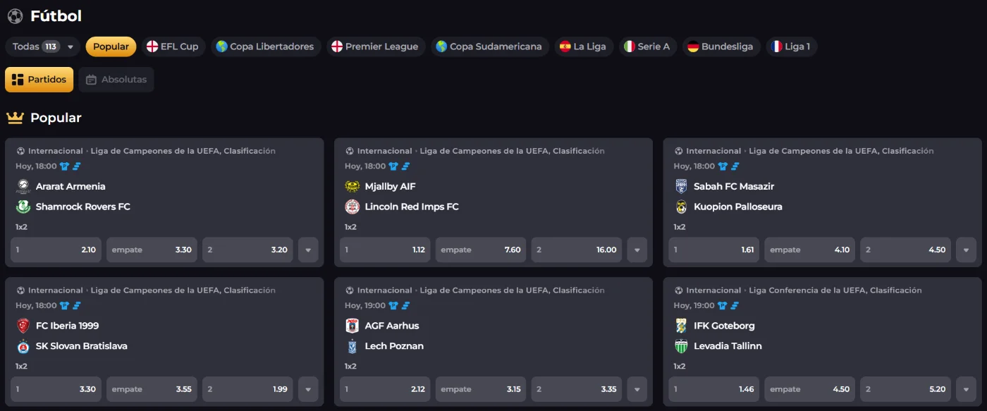 Lucky Block Casino sección de apuestas de fútbol con partidos y cuotas